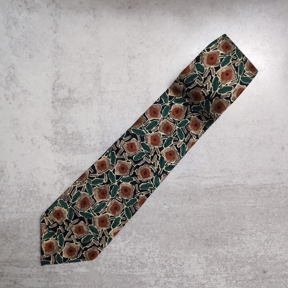 VINTAGE Christian Dior Monsieur Silk Tie Geometric Floral Navy Green Brown USA